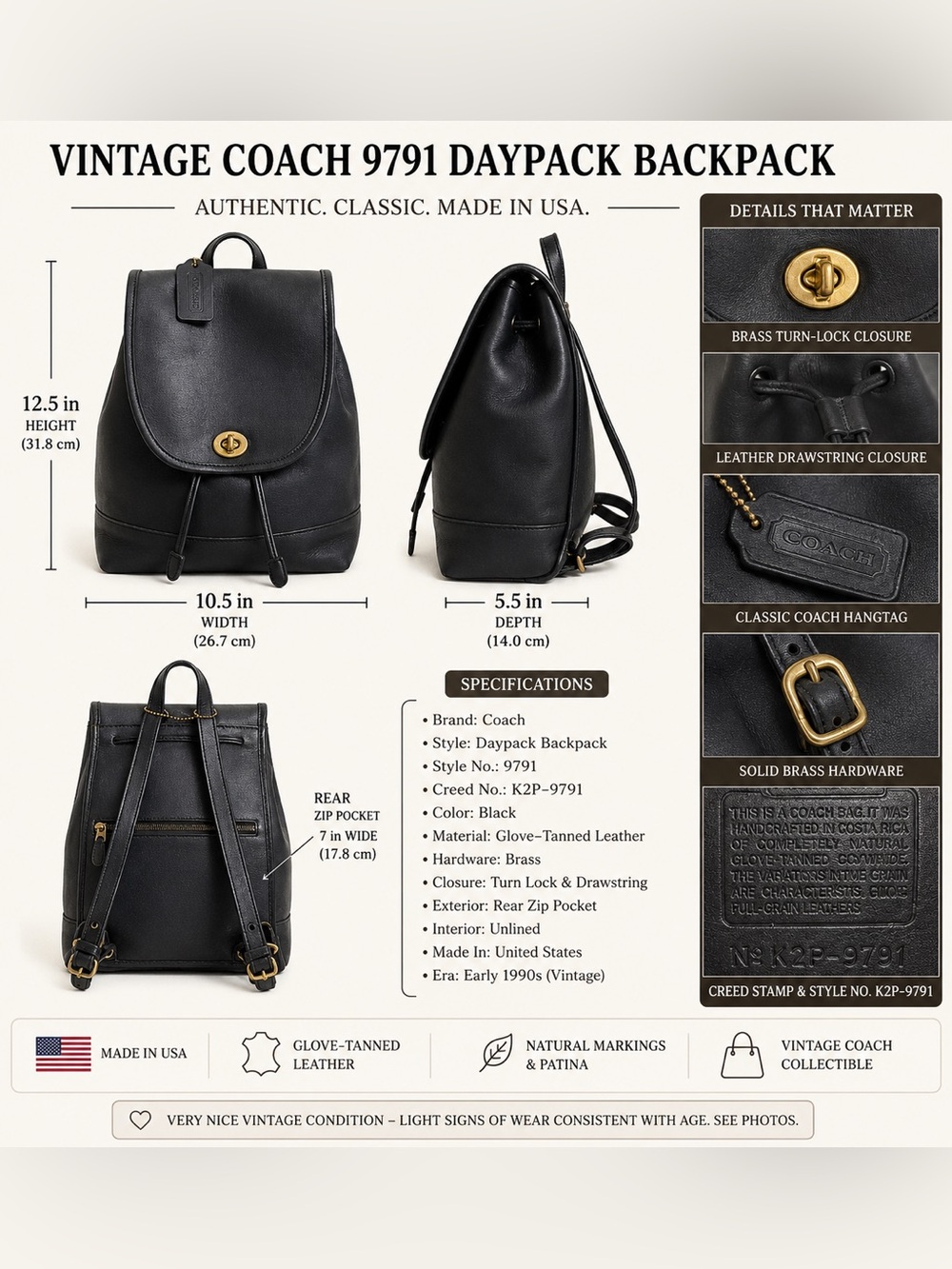 Vintage Coach 9791 Black Leather Daypack Backpack USA Turnlock Glove Tanned